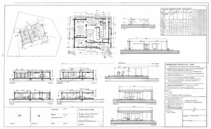 Lámina de arquitectura con plantas, cortes y fachadas