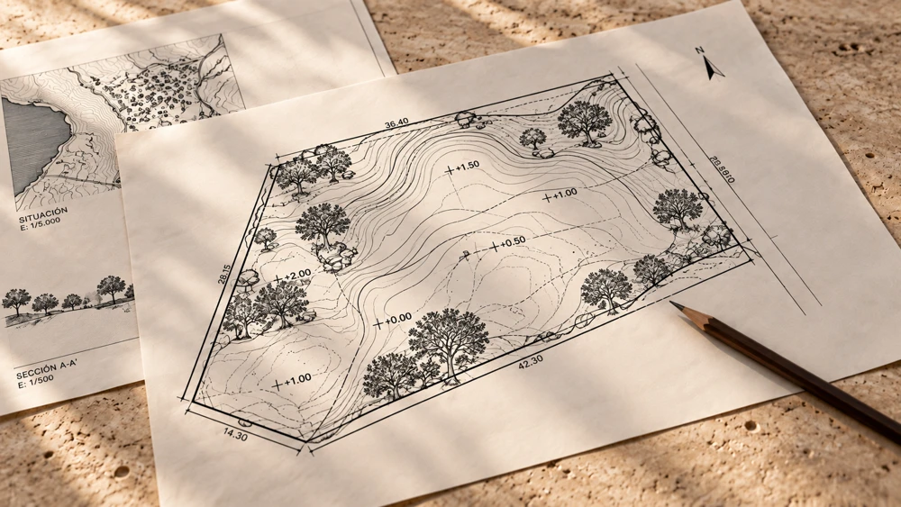 Plano del sitio con curvas de nivel y cotas