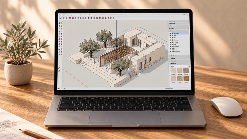 Modelo arquitectónico 3D en una computadora
