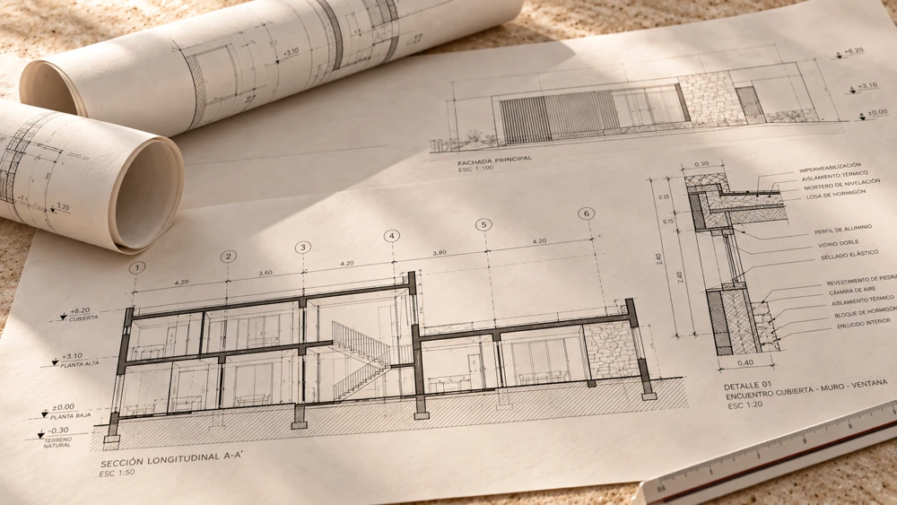 Planos técnicos con cortes, fachadas y detalles constructivos