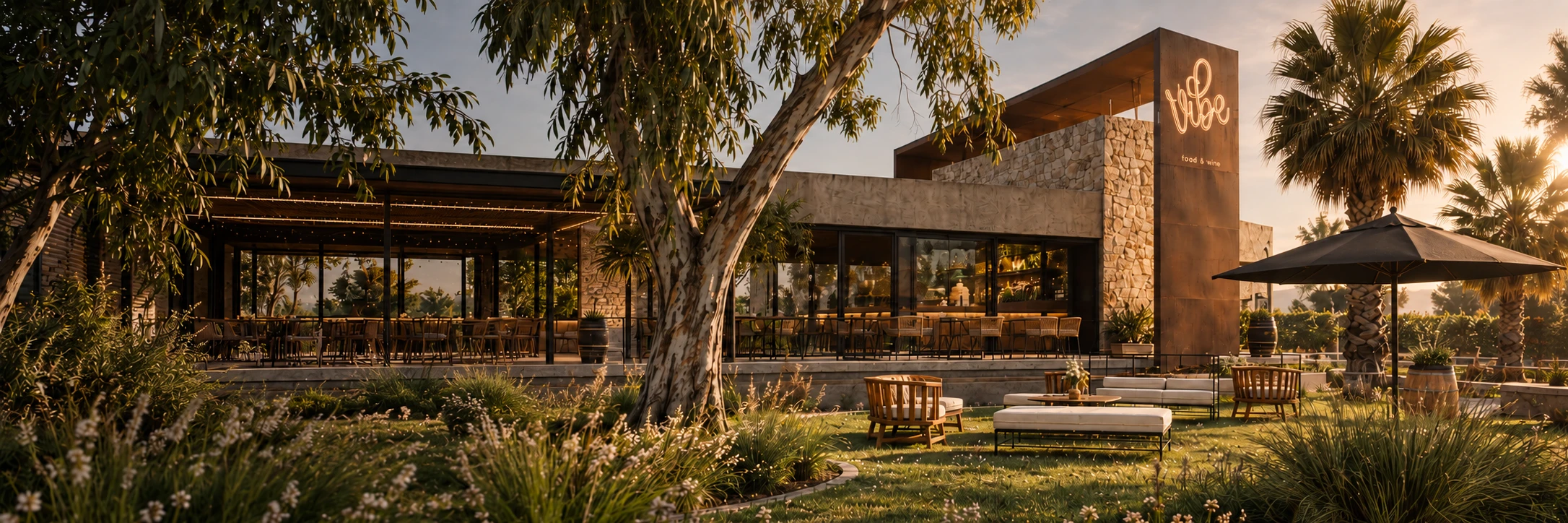 Vibe Restobar, arquitectura y paisaje al atardecer