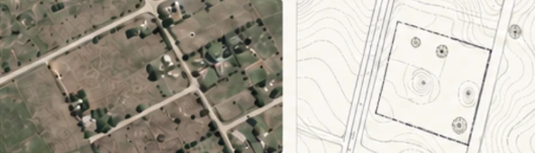 Vista aérea del entorno y plano con curvas de nivel