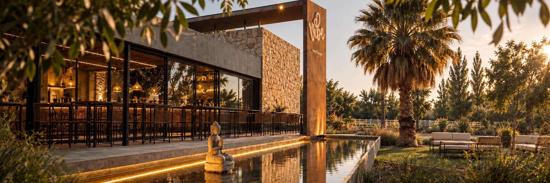 Vibe Restobar, arquitectura y paisaje al atardecer